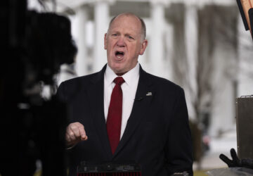 White House border czar Tom Homan speaks with reporters outside the White House, Thursday, Feb. 6, 2025, in Washington. (AP Photo/Evan Vucci)