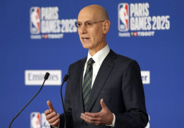 The NBA commissioner Adam Silver, speaks for a press conference before a basketball match of the NBA Games 2025 between the Indiana Pacers and the San Antonio Spurs in Paris, Thursday, January 23, 2025. ( / Thibault Camus)