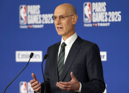 The NBA commissioner Adam Silver, speaks for a press conference before a basketball match of the NBA Games 2025 between the Indiana Pacers and the San Antonio Spurs in Paris, Thursday, January 23, 2025. ( / Thibault Camus)