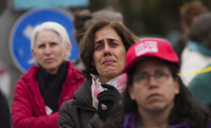 Relatives and supporters of hostages held by Hamas in the Gaza Strip protest outside the prime minister's office in Jerusalem on Tuesday, Feb. 11, 2025. after Hamas announced it would delay a planned hostage release after accusing Israel of violating a fragile ceasefire. (AP Photo/Ohad Zwigenberg)