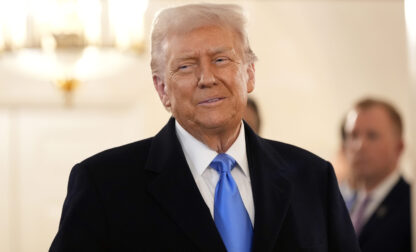 President Donald Trump arrives to greet Marc Fogel at the White House, Tuesday, Feb. 11, 2025, in Washington. (Photo/Alex Brandon)