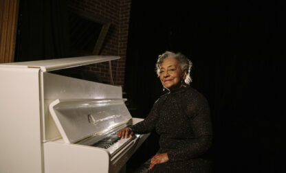 In this photo provided by Jazz Foundation of America, jazz pianist Bertha Hope, who is a member of The Mellon Foundation and Jazz Foundation of America's inaugural class of Jazz Legacies Fellows, poses for a photo in January 2025, in New York. (Steven Baboun/NativRoots courtesy of Jazz Foundation of America via AP)