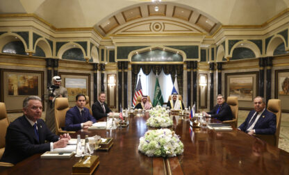 U.S. Secretary of State Marco Rubio, second left, meets with Saudi Foreign Minister Prince Faisal bin Farhan Al Saud, Saudi National Security Advisor Mosaad bin Mohammad Al-Aiban, U.S. National Security Advisor Mike Waltz, third left, U.S. Middle East envoy Steve Witkoff, left, Russian Foreign Minister Sergei Lavrov, right, and Russian President Vladimir Putin's foreign policy advisor Yuri Ushakov, second right, at Diriyah Palace, in Riyadh, Saudi Arabia, Tuesday Feb. 18, 2025. (Evelyn Hockstein/Pool Photo via AP)