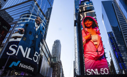 The SNL50 logo is seen outside the Nasdaq Marketplace in New York's Times Square, Friday, Feb. 14, 2025. (AP Photo/Eduardo Munoz Alvarez)