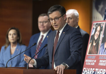 Speaker of the House Mike Johnson, of La., with House Republican Conference Chairwoman Lisa McClain, from left, Rep. Tim Moore, R-N.C. and House Majority Leader Steve Scalise, of La., speaks during a news conference at the Capitol, Tuesday, Feb. 25, 2025, in Washington. (AP Photo/Manuel Balce Ceneta)