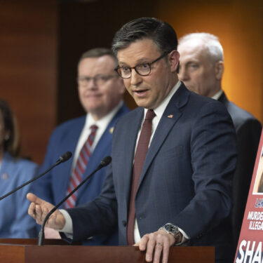 Speaker of the House Mike Johnson, of La., with House Republican Conference Chairwoman Lisa McClain, from left, Rep. Tim Moore, R-N.C. and House Majority Leader Steve Scalise, of La., speaks during a news conference at the Capitol, Tuesday, Feb. 25, 2025, in Washington. (AP Photo/Manuel Balce Ceneta)