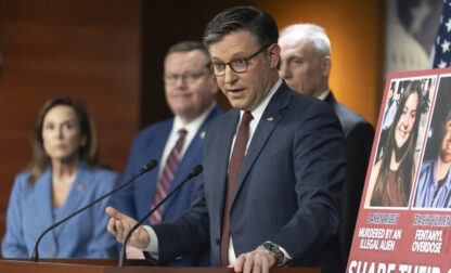 Speaker of the House Mike Johnson, of La., with House Republican Conference Chairwoman Lisa McClain, from left, Rep. Tim Moore, R-N.C. and House Majority Leader Steve Scalise, of La., speaks during a news conference at the Capitol, Tuesday, Feb. 25, 2025, in Washington. (AP Photo/Manuel Balce Ceneta)