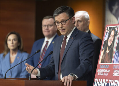 Speaker of the House Mike Johnson, of La., with House Republican Conference Chairwoman Lisa McClain, from left, Rep. Tim Moore, R-N.C. and House Majority Leader Steve Scalise, of La., speaks during a news conference at the Capitol, Tuesday, Feb. 25, 2025, in Washington. (AP Photo/Manuel Balce Ceneta)