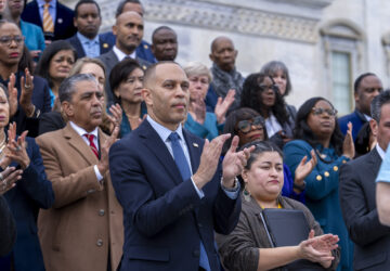 House Minority Leader Hakeem Jeffries, D-N.Y., rallies Democrats against the Republican budget plan, on the House steps at the Capitol in Washington, Tuesday, Feb. 25, 2025. (AP Photo/J. Scott Applewhite)