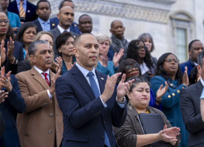 House Minority Leader Hakeem Jeffries, D-N.Y., rallies Democrats against the Republican budget plan, on the House steps at the Capitol in Washington, Tuesday, Feb. 25, 2025. (AP Photo/J. Scott Applewhite)