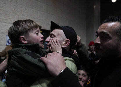 Palestinian prisoners are greeted after being released from Israeli prison following a ceasefire agreement between Israel and Hamas, in the West Bank city of Ramallah, Thursday, Feb. 27, 2025. (AP Photo/Nasser Nasser)