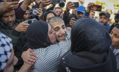 Mohammed Sahloul, 17, is greeted by his sister Nidaa after being released from an Israeli prison in Khan Younis, Gaza Strip, Thursday, Feb. 27, 2025. (AP Photo/Abdel Kareem Hana)