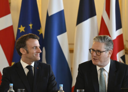 Britain's Prime Minister Keir Starmer, right, and France's President Emmanuel Macron at the European leaders' summit to discuss Ukraine, at Lancaster House, London, Sunday March 2, 2025. (Justin Tallis/Pool via AP)