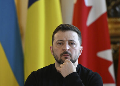 Ukraine's President Volodymyr Zelenskyy at the European leaders' summit to discuss Ukraine, hosted by Britain's Prime Minister Keir Starmer, at Lancaster House, London, Sunday March 2, 2025. (Justin Tallis/Pool via AP)