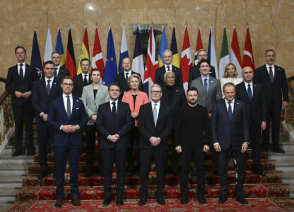 Britain's Prime Minister Keir Starmer, front center, hosts the European leaders' summit to discuss Ukraine, at Lancaster House, London, Sunday March 2, 2025. Front row from left, Finland's President Alexander Stubb, France's President Emmanuel Macron, Britain's Prime Minister Keir Starmer, Ukraine's President Volodymyr Zelenskyy and Poland's Prime Minister Donald Tusk. Center row from left, Spain's Prime Minister Pedro Sanchez, Denmark's Prime Minister Mette Frederiksen, European Commission President Ursula von der Leyen, European Council President Antonio Costa, Canada's Prime Minister Justin Trudeau, and Romania's Interim President Ilie Bolojan. Back row from left, NATO secretary General Mark Rutte, Netherlands' Prime Minister Dick Schoof, Sweden's Prime Minister Ulf Kristersson, Germany's Chancellor Olaf Scholz, Norway's Prime Minister Jonas Gahr Store, Czech Republic's Prime Minister Petr Fiala, Italy's Prime Minister Giorgia Meloni and Turkey's Minister of Foreign Affairs Hakan Fidan. (Justin Tallis/Pool via AP)