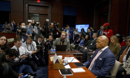 New York City Mayor Eric Adams takes his seat at the witness table during a House Committee on Oversight and Government Reform hearing with Sanctuary City Mayors on Capitol Hill, Wednesday, March 5, 2025, in Washington. (AP Photo/Rod Lamkey, Jr.)