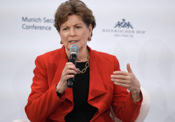 American Senator Jeanne Shaheen speaks while attending a group discussion at the Munich Security Conference at the Bayerischer Hof hotel in Munich, Germany, Saturday, February 15, 2025 (AP Photo/Matthias Schrader)