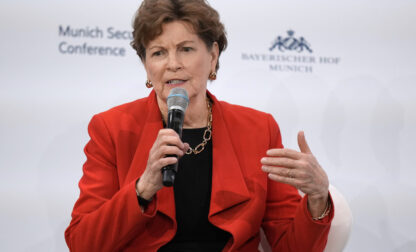 U.S. Senator Jeanne Shaheen speaks as she participates in a panel discussion during the Munich Security Conference at the Bayerischer Hof Hotel in Munich, Germany, Saturday, Feb. 15, 2025. (AP Photo/Matthias Schrader)