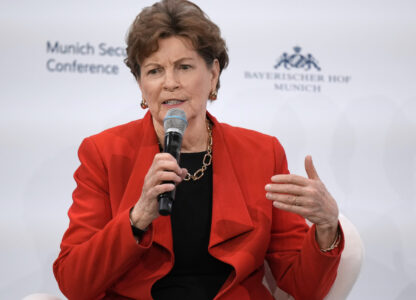 American Senator Jeanne Shaheen speaks while attending a group discussion at the Munich Security Conference at the Bayerischer Hof hotel in Munich, Germany, Saturday, February 15, 2025 (AP Photo/Matthias Schrader)