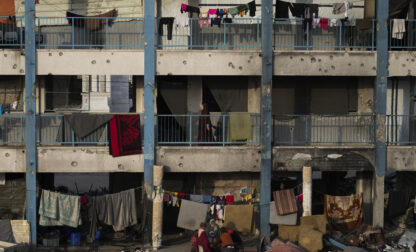 Displaced Palestinians live in a school run by UNRWA, the U.N. agency helping Palestinian refugees, west of Gaza City, Sunday, March 9, 2025. (AP Photo/Jehad Alshrafi)