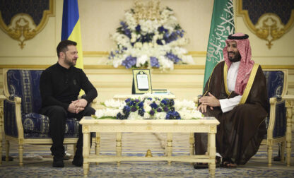 CORRECTS CITY - In this photo provided by the Ukrainian Presidential Press Office, Ukrainian President Volodymyr Zelenskyy meets with Saudi's Crown Prince Mohammed bin Salman at the Royal Palace in Jeddah, Saudi Arabia, Monday, March 10, 2025. (Ukrainian Presidential Press Office via AP)