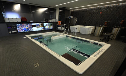 Soaking tubs and a spa pool, part of the New York Yankees medical and training room, are seen during a tour of the upgraded team spring training facilities Thursday, Feb. 13, 2025, at George M. Steinbrenner Field in Tampa, Fla. (AP Photo/Steve Nesius)