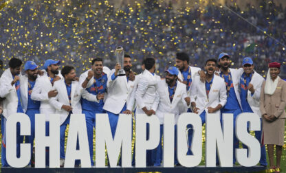 India's players celebrate after winning the ICC Champions Trophy final cricket match against New Zealand at Dubai International Cricket Stadium in Dubai, United Arab Emirates, Sunday, March 9, 2025. (AP Photo/Altaf Qadri)