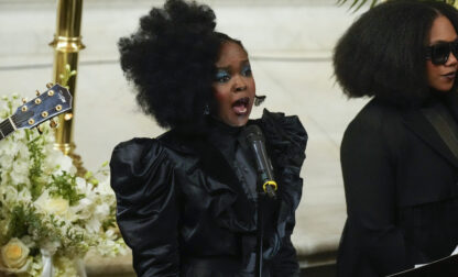 Lauryn Hill performs during a ceremony in celebration of Roberta Flack's life at The Abyssinian Baptist Church on Monday, March 10, 2025, in New York. (AP Photo/Richard Drew)