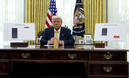 President Donald Trump delivers remarks in the Oval Office of the White House in Washington, Friday, March 7, 2025. (Pool via AP)