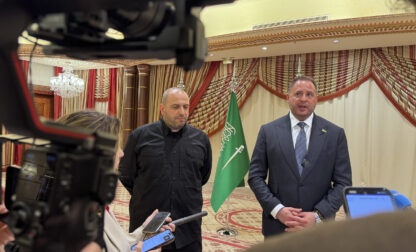 Ukrainian Head of Presidential Office Andriy Yermak, right, and Ukrainian Minister of Defense Rustem Umerov speak to journalists in Jeddah, Saudi Arabia, Tuesday, March 11, 2025. (AP Photo/Baraa Anwer)