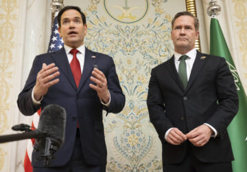U.S. Secretary of State Marco Rubio, left, and U.S. National Security Advisor Mike Waltz speak with the media following meetings with a Ukrainian delegation in Jeddah, Saudi Arabia, March 11, 2025. (Saul Loeb/Pool Photo via AP)