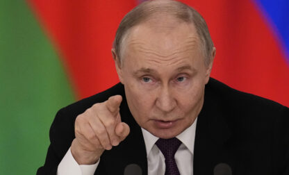 Russian President Vladimir Putin speaks during a joint news conference with Belarusian President Alexander Lukashenko following their talks at the Grand Kremlin Palace in Moscow, Russia, Thursday, March 13, 2025. (AP Photo/Alexander Zemlianichenko)