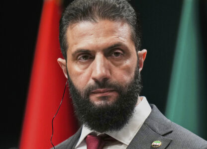 FILE - Syria's interim President Ahmad al-Sharaa, looks on during a joint press conference with Turkish President Recep Tayyip Erdogan at the presidential palace in Ankara, Turkey, Feb. 4, 2025. (AP Photo/Francisco Seco, File)