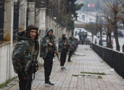 Syrian government forces are deployed amid heightened security in Damascus, Syria, Friday, March 7, 2025. (AP Photo/Omar Sanadiki)