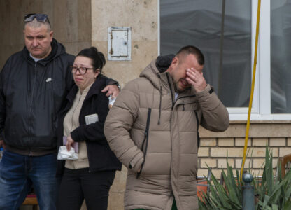 Relatives of victims leave a hospital in the town of Kocani, North Macedonia, Monday, March 17, 2025, following a massive fire in the nightclub early Sunday. (AP Photo/Visar Kryeziu)